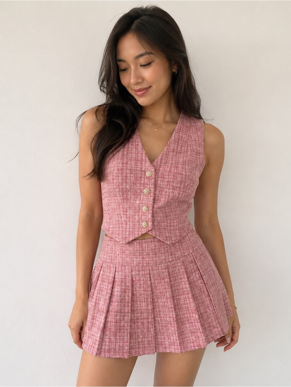 Women’s Pink Tweed 2 Piece Vest & Pleated Mini Skort Set Size Small - Boutique